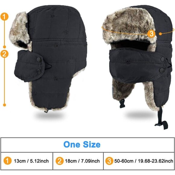 Men\'s Dark Black Trapper Hat, Winter Warm Trooper Hats with Ear Flaps and Mask main image 6